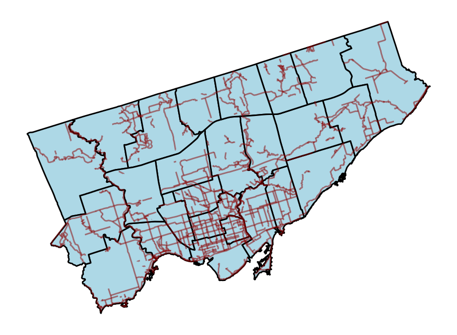 The bike paths overlaid over the wards of the city of Toronto.