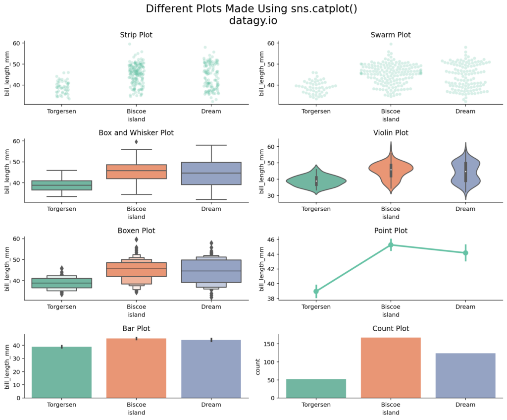 Different Categorical Plots Made with Seaborn catplots