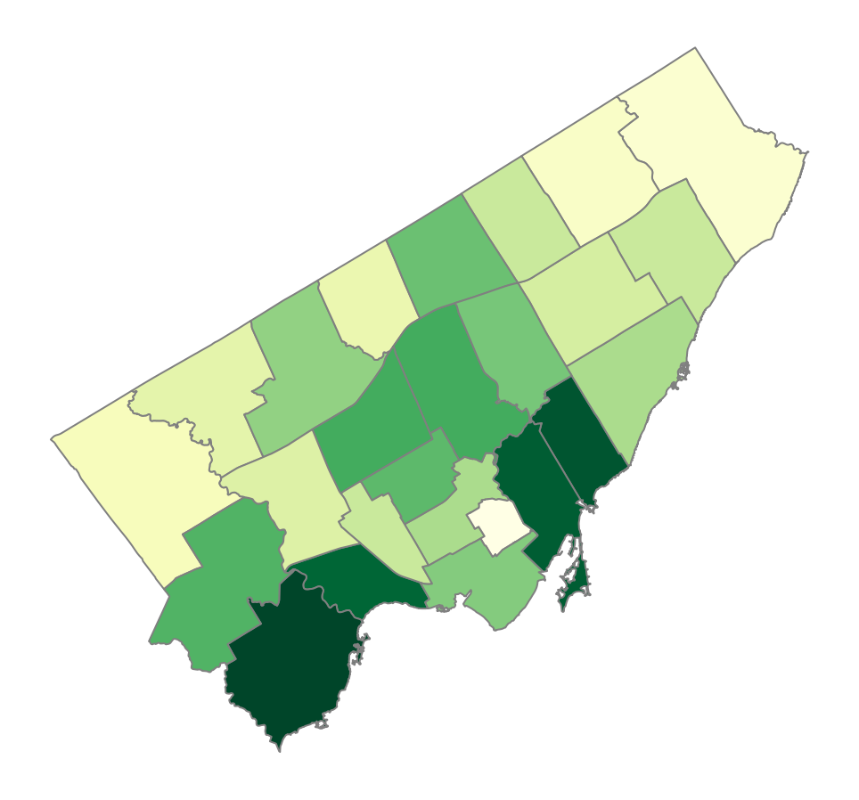 A choropleth heat map generated with GeoPandas, highlighting the number of child care centers in different wards in Toronto.